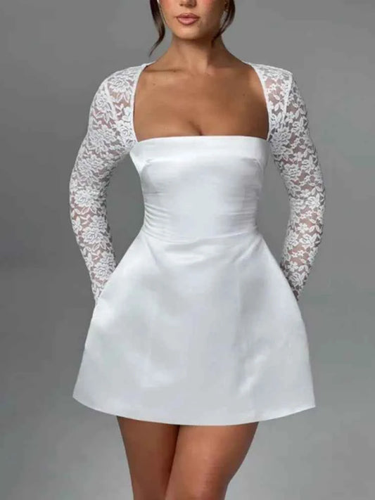 Long Sleeve Robe Square Collar Backless A-line High Waist Lace Mini Dress - Rown