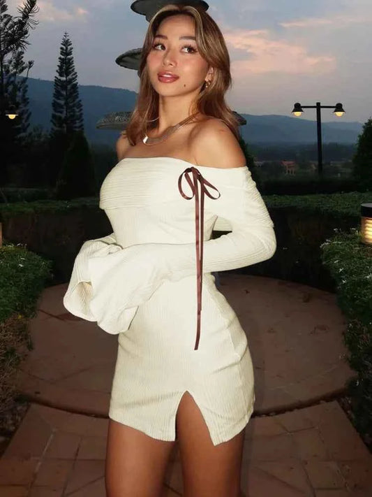 Lace-up Flare Long Sleeve Off-shoulder Backless Bodycon Mini Dress - Rown