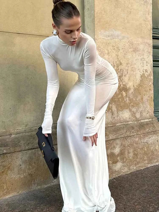 Elegant Turtleneck Long Sleeve Solid Floor-length Maxi Dress - Rown