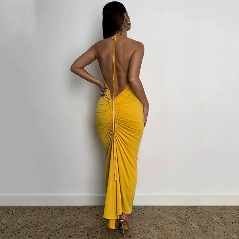 yellow backless maxi dress