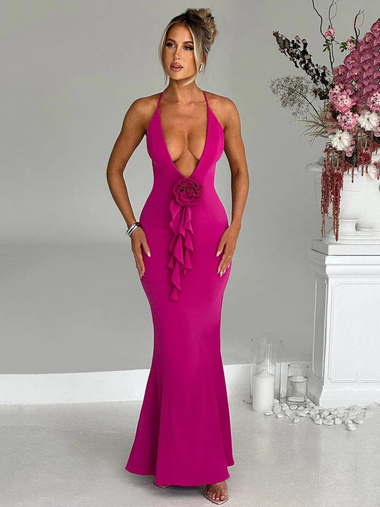 3D Flower Deep V Neck Backless Maxi Dress Rown