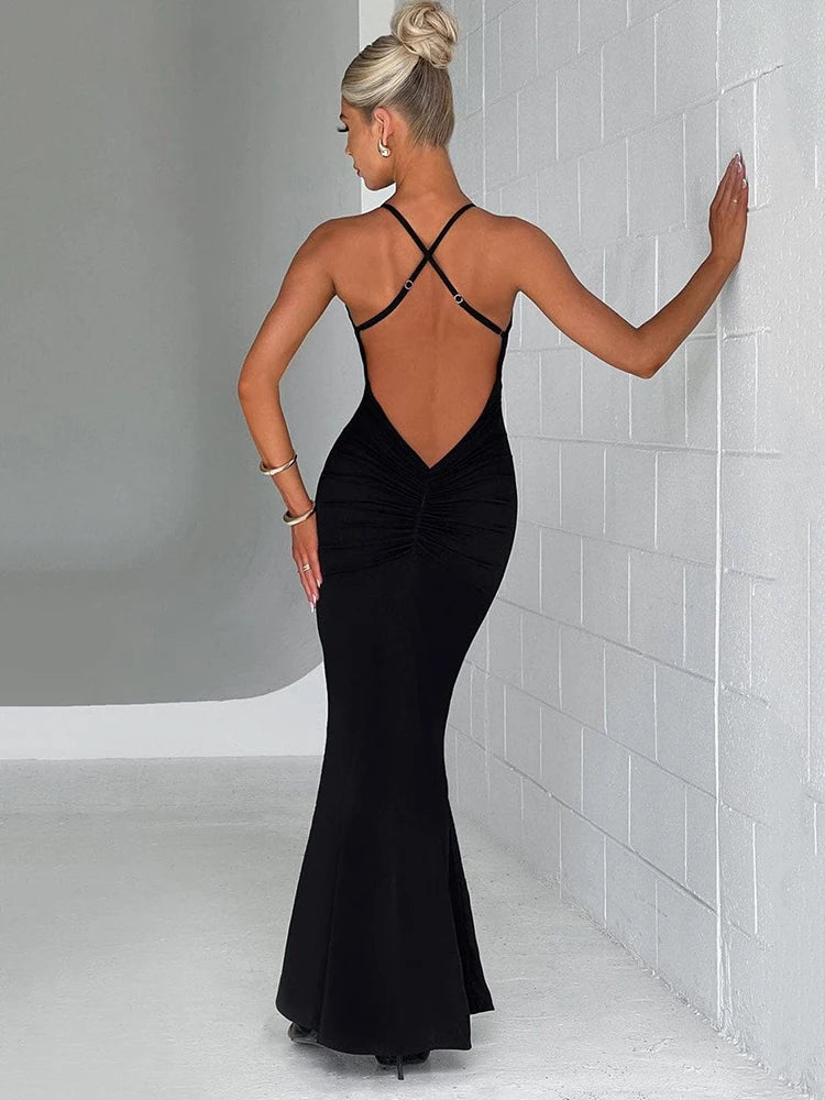 3D Flower Deep V Neck Backless Maxi Dress Rown