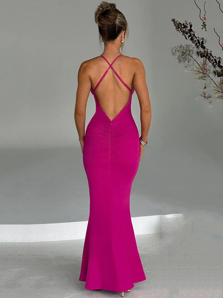 3D Flower Deep V Neck Backless Maxi Dress Rown