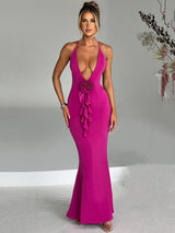 3D Flower Deep V Neck Backless Maxi Dress - Rown