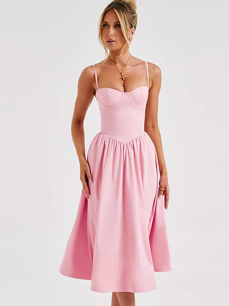 A-Line Solid Slip Backless Ruched Midi Dress Rown