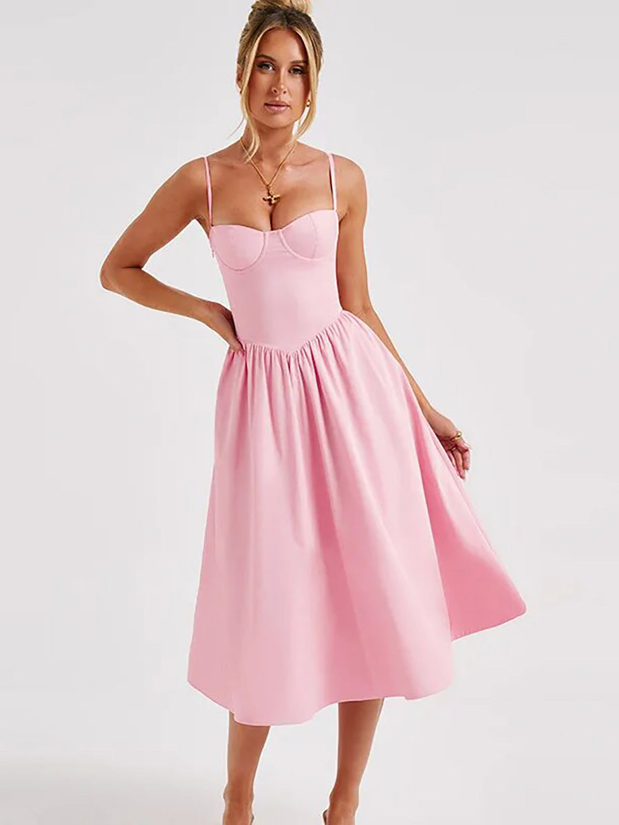 A-Line Solid Slip Backless Ruched Midi Dress Rown