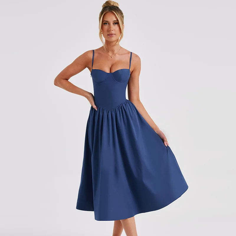 A-Line Solid Slip Backless Ruched Midi Dress Rown