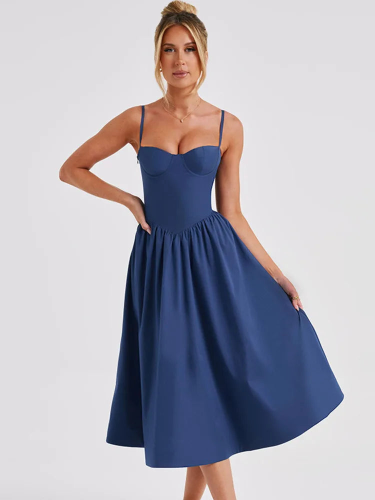 A-Line Solid Slip Backless Ruched Midi Dress Rown