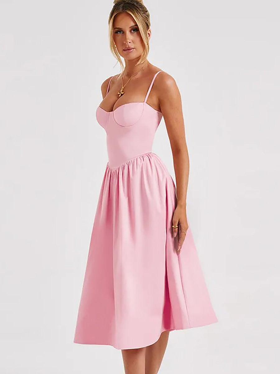 A-Line Solid Slip Backless Ruched Midi Dress Rown