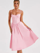 A-Line Solid Slip Backless Ruched Midi Dress - Rown