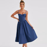 A-Line Solid Slip Backless Ruched Midi Dress - Rown