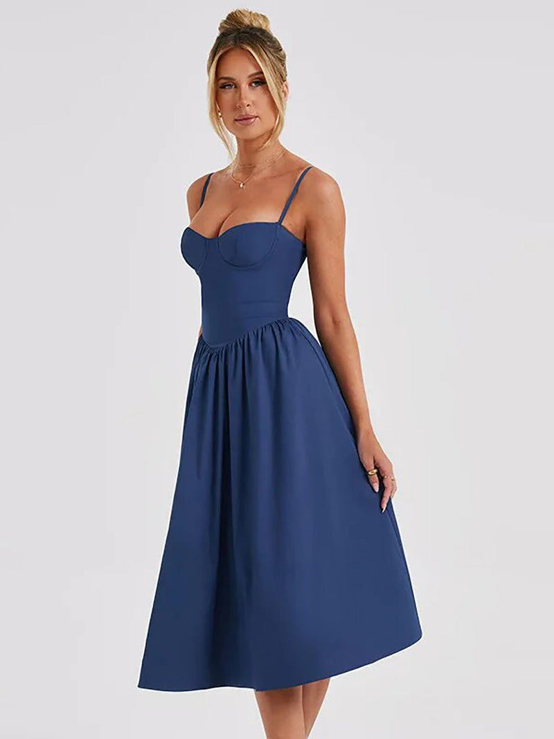 A-Line Solid Slip Backless Ruched Midi Dress - Rown