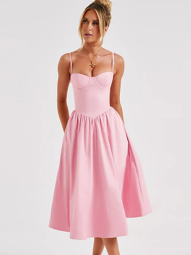 A-Line Solid Slip Backless Ruched Midi Dress - Rown