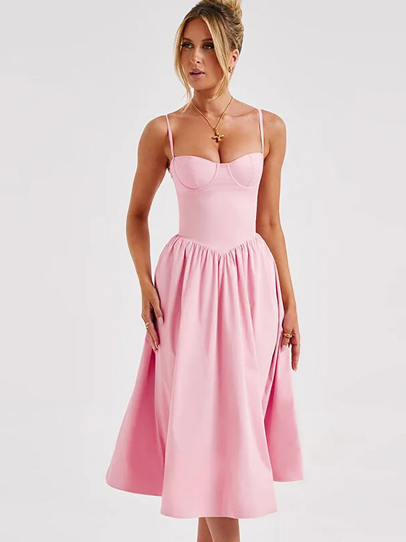 A-Line Solid Slip Backless Ruched Midi Dress - Rown