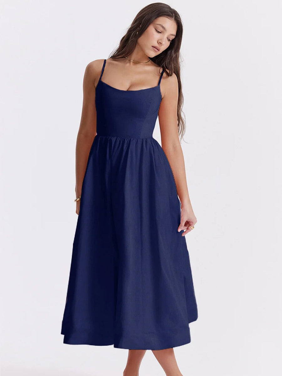 A-line Loose Backless French Retro Midi Dress Rown