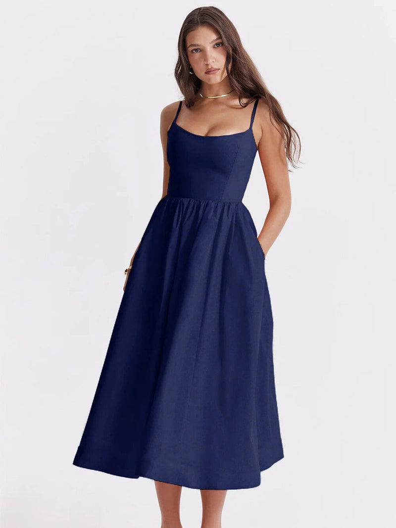 A-line Loose Backless French Retro Midi Dress Rown
