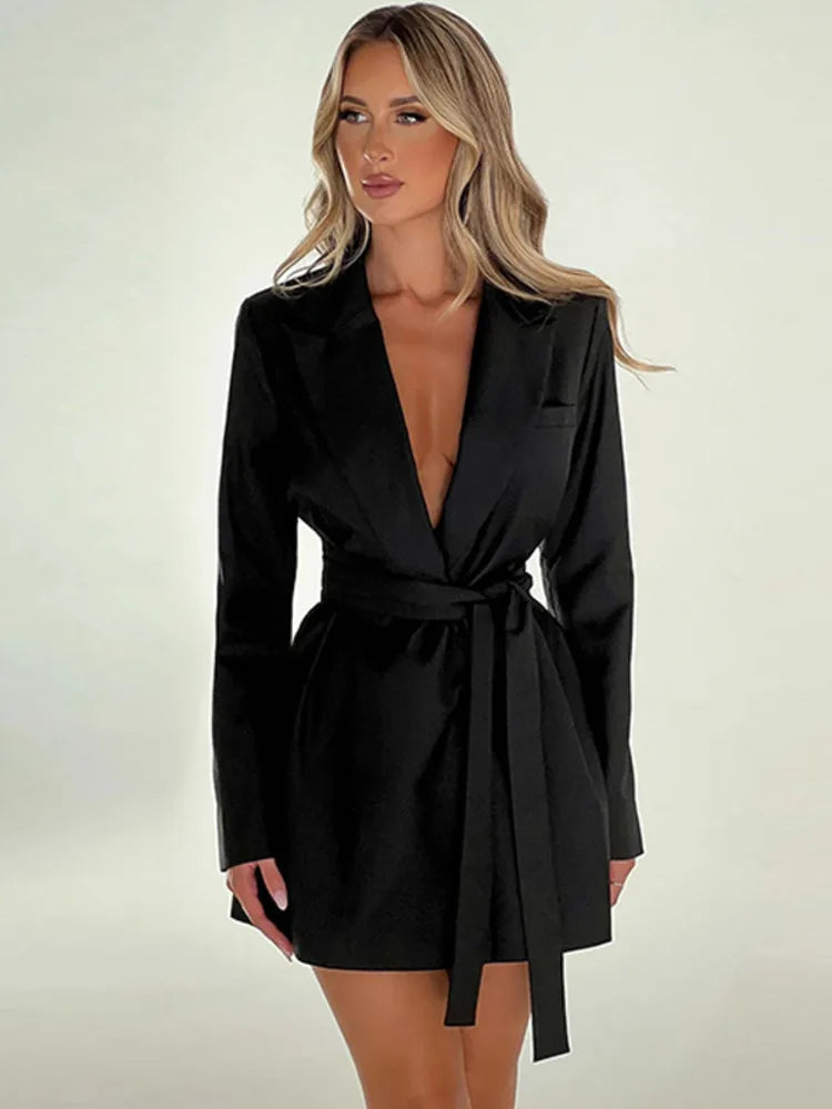 Autumn Fashion V-Neck Bandage Long Sleeve Mini Dress Rown