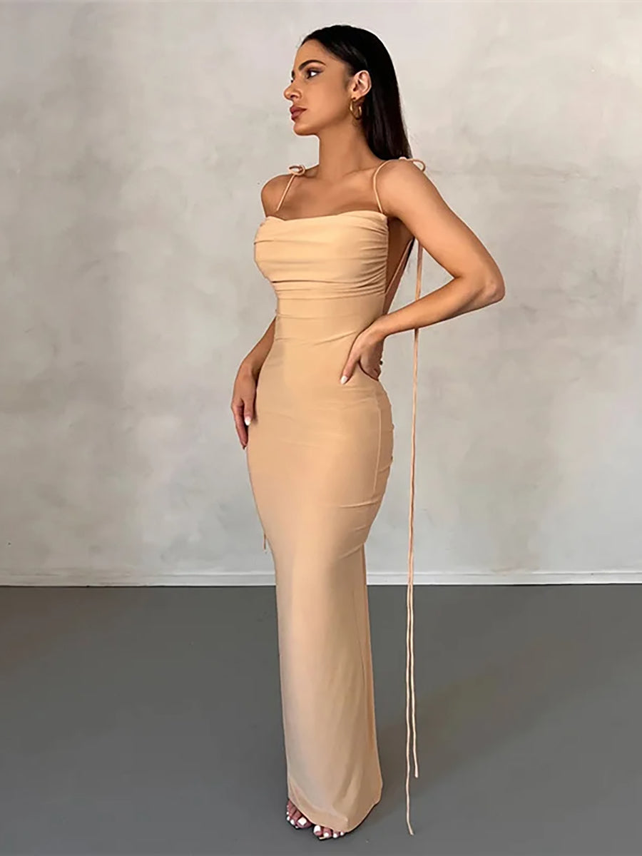 Backless Bodycon Ruched Spaghetti Strap Maxi Dress Rown