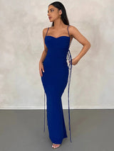 Backless Bodycon Ruched Spaghetti Strap Maxi Dress Rown