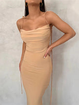 Backless Bodycon Ruched Spaghetti Strap Maxi Dress Rown