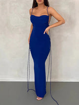 Backless Bodycon Ruched Spaghetti Strap Maxi Dress Rown