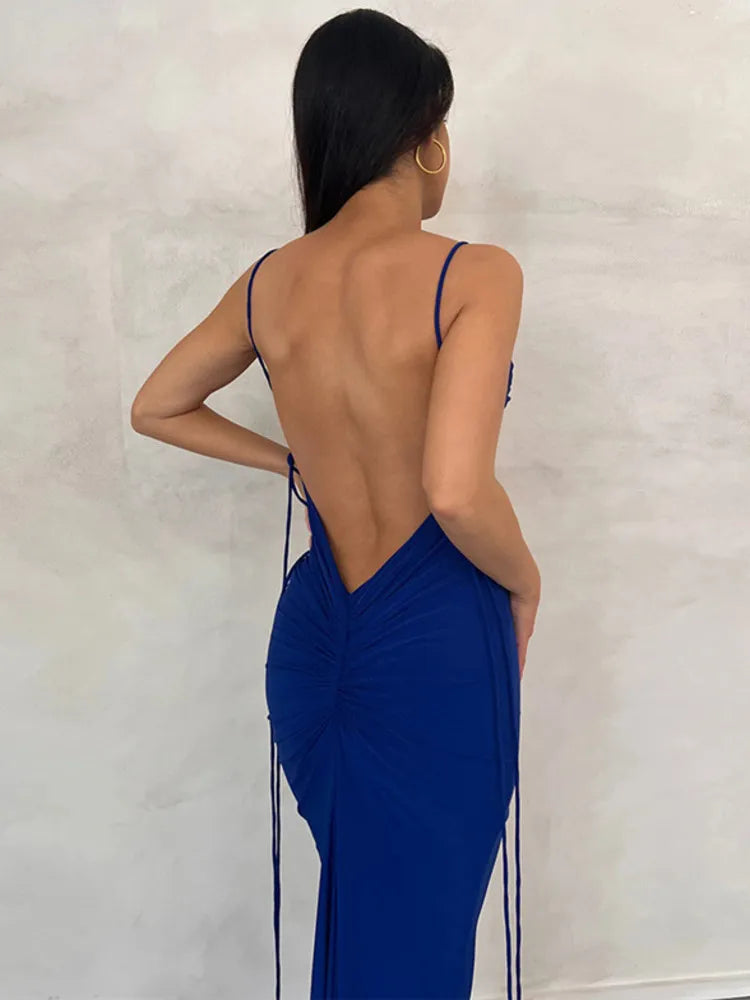 Backless Bodycon Ruched Spaghetti Strap Maxi Dress Rown