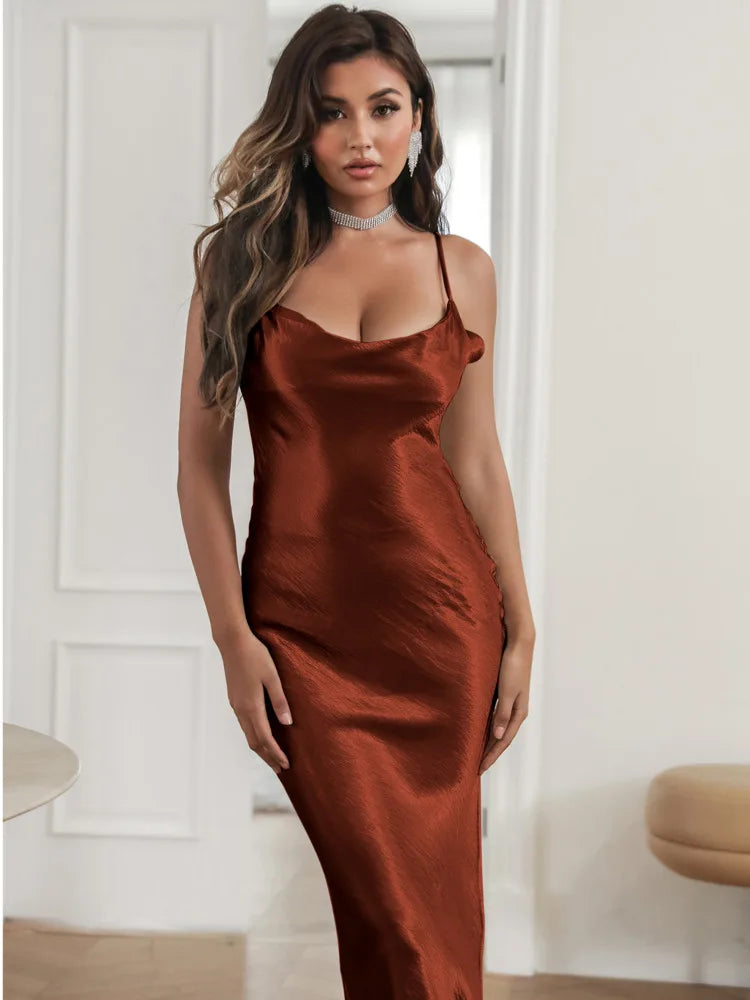 Backless Satin Lace Up Trumpet Maxi Dress Rown