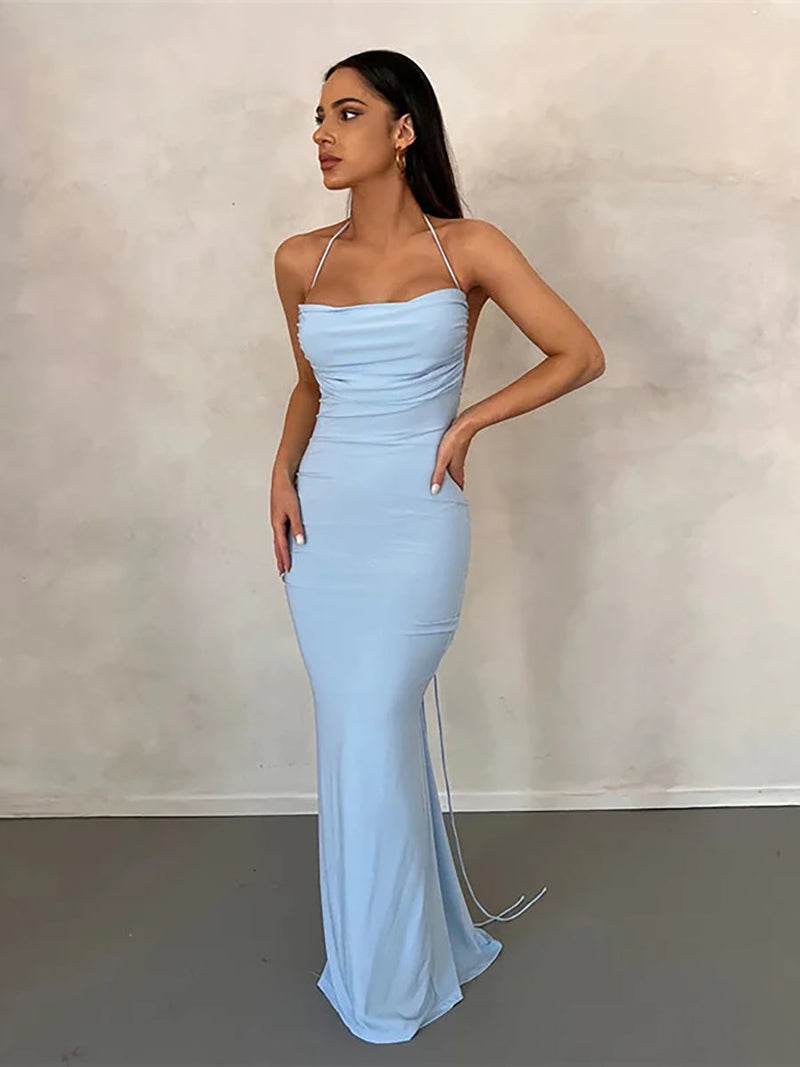 Backless Bodycon Ruched Spaghetti Strap Maxi Dress - Rown