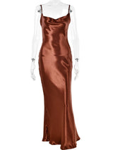 Backless Satin Lace Up Trumpet Maxi Dress - Rown