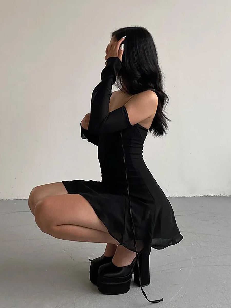 Black Bandage Mesh Long Sleeve Mini Dress Rown