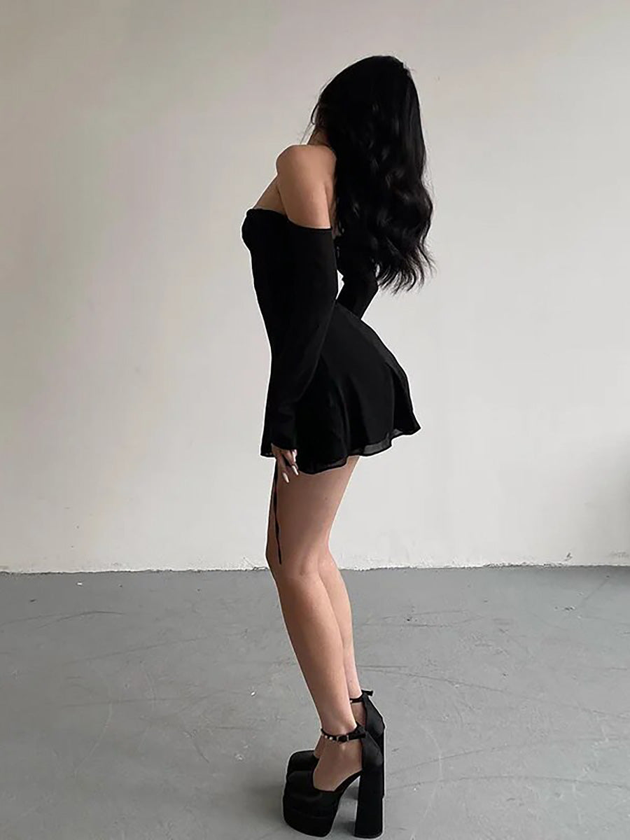 Black Bandage Mesh Long Sleeve Mini Dress Rown