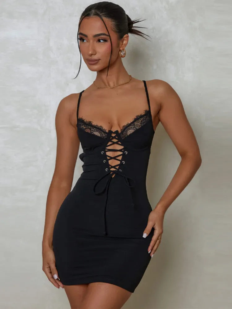 Black Hollow Out Lace Bodycon Mini Dress Rown