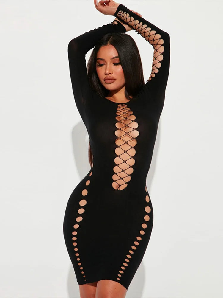 Black Hollow Out O Neck Bodycon Mini Dress Rown