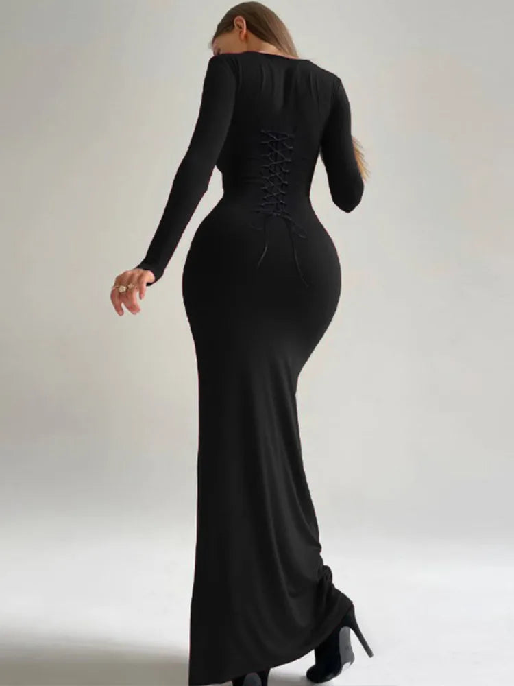 Black Lace-up O Neck Bodycon Maxi Dress Rown