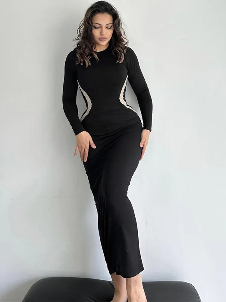 Black Long Sleeve O Neck Bodycon Maxi Dress Rown