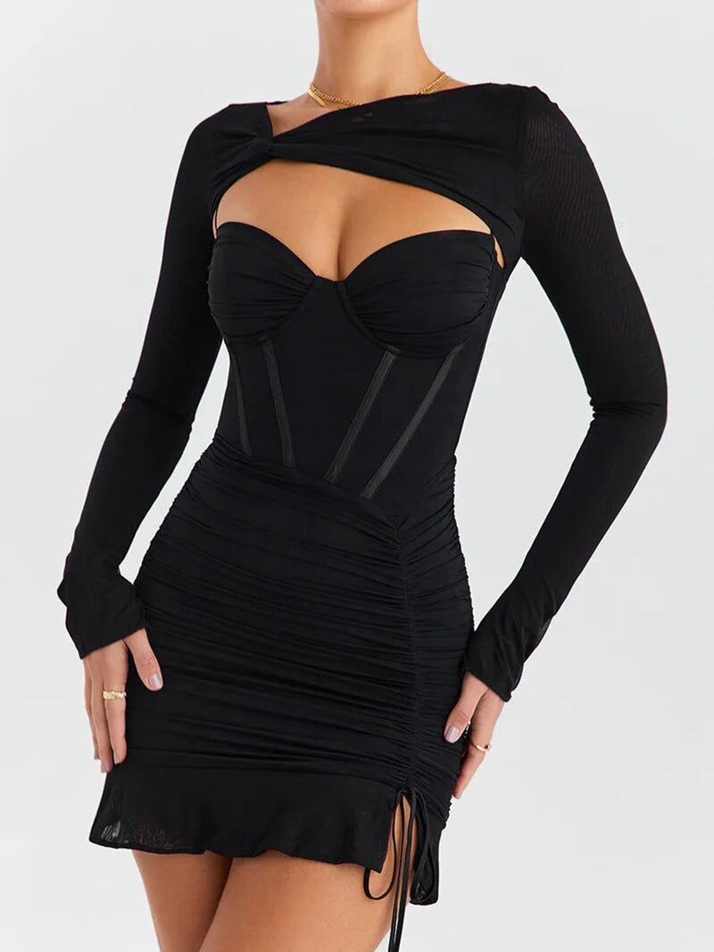 Black Mesh Lace-up Ruched Bodycon Mini Dress Rown