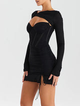 Black Mesh Lace-up Ruched Bodycon Mini Dress Rown