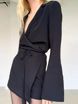 Black Satin V-Neck Shirt Flare Sleeve Mini Dresses Rown