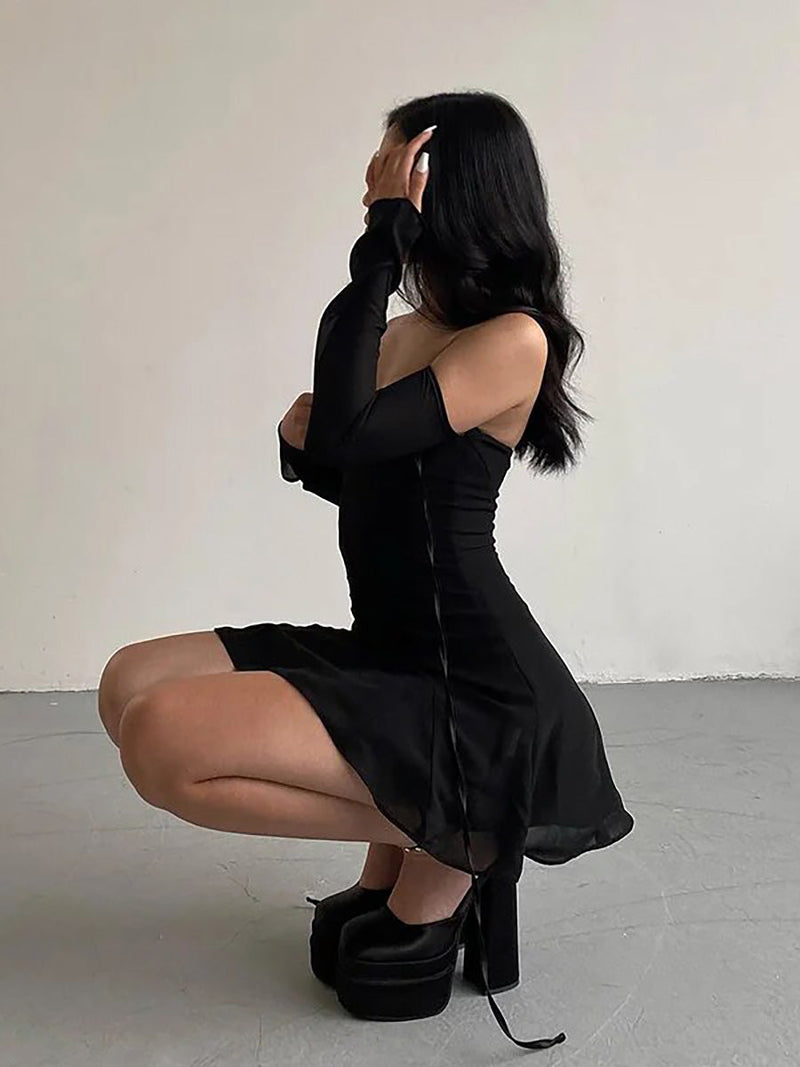 Black Bandage Mesh Long Sleeve Mini Dress - Rown