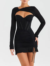 Black Mesh Lace-up Ruched Bodycon Mini Dress - Rown