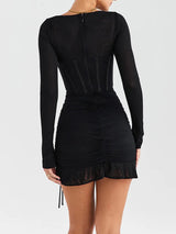 Black Mesh Lace-up Ruched Bodycon Mini Dress - Rown