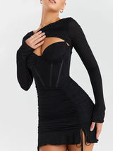 Black Mesh Lace-up Ruched Bodycon Mini Dress - Rown