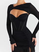 Black Mesh Lace-up Ruched Bodycon Mini Dress - Rown