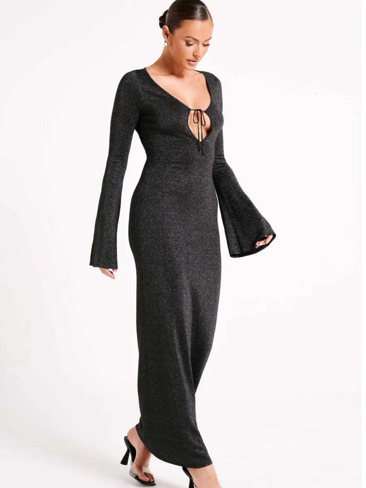 Brilliant Silk Long Sleeve Bandage V-Neck Maxi Dress Rown