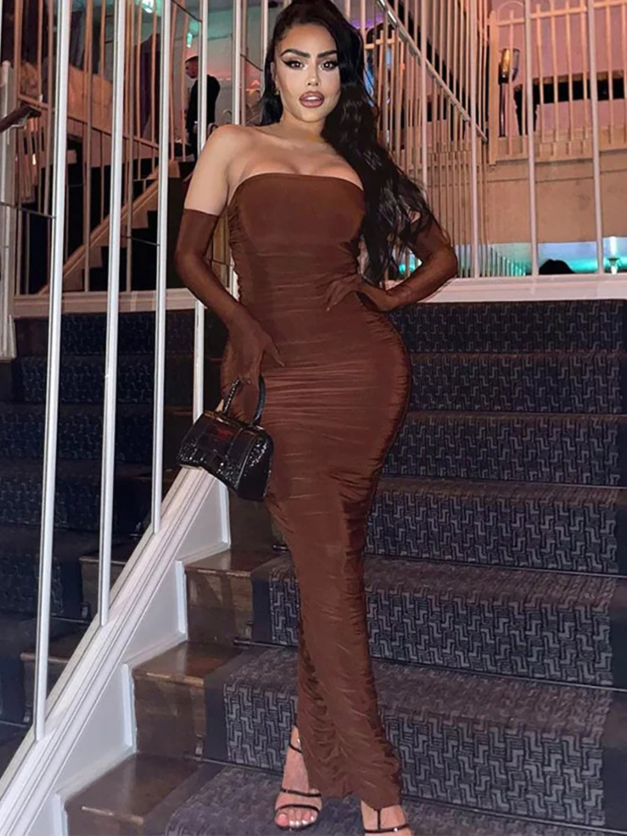 Brown Strapless With Cuff Sleeve Backless Maxi Dress Rown