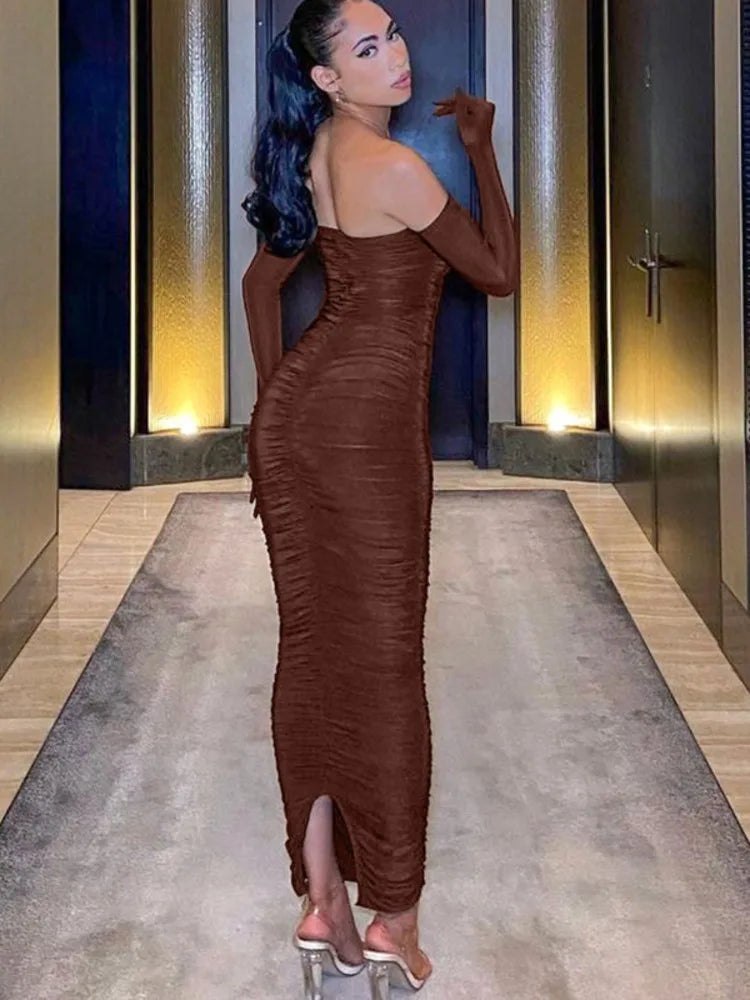 Brown Strapless With Cuff Sleeve Backless Maxi Dress Rown