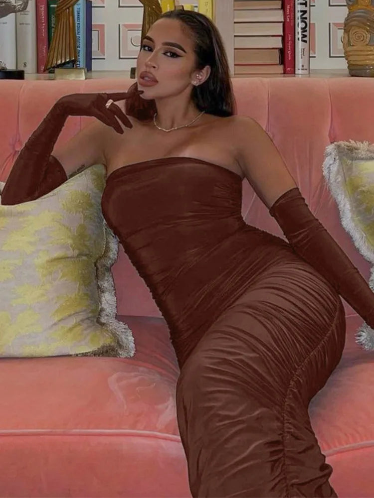 Brown Strapless With Cuff Sleeve Backless Maxi Dress Rown