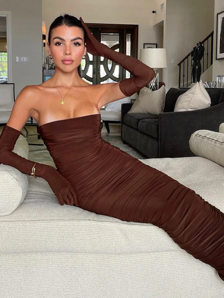 Brown Strapless With Cuff Sleeve Backless Maxi Dress Rown