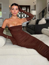 Brown Strapless With Cuff Sleeve Backless Maxi Dress - Rown