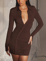 Casual Ruched Turn-down Collar Bodycon Mini Dress - Rown